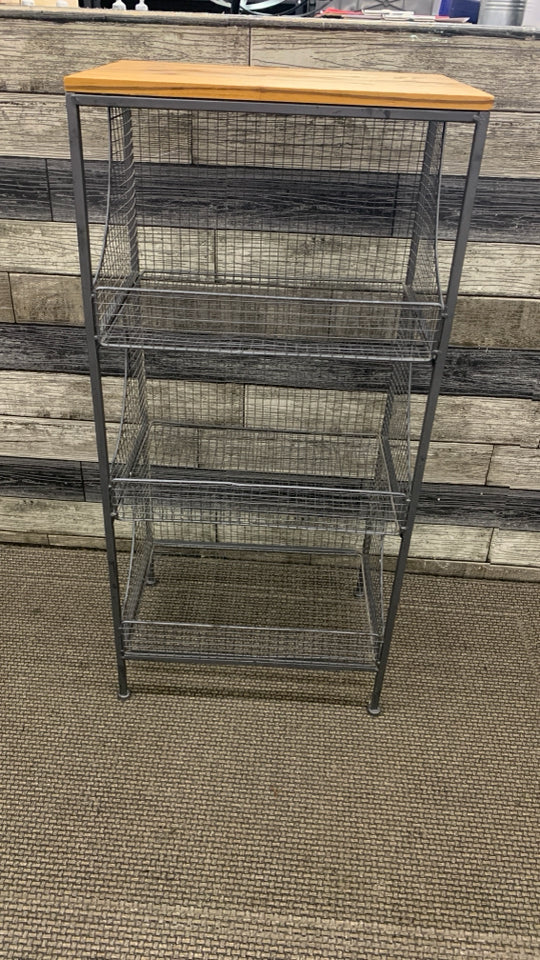 3-CUBBIE METAL SHELF W/WOOD TOP.
