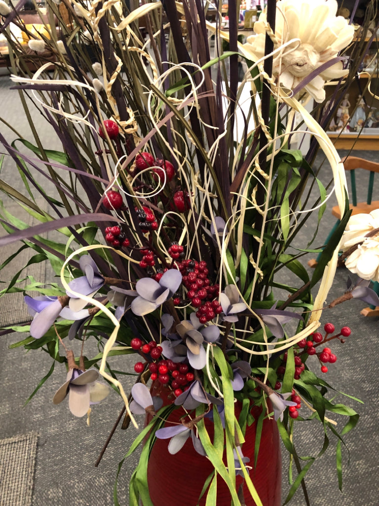 RED FLOOR VASE W/FAUX BOUQUET.