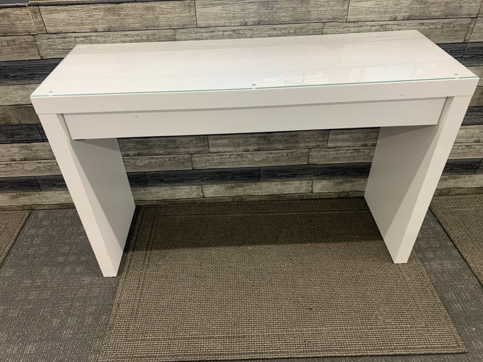 WHITE IKEA MAKEUP VANITY W/ DRAWER+ GLASS TOP.