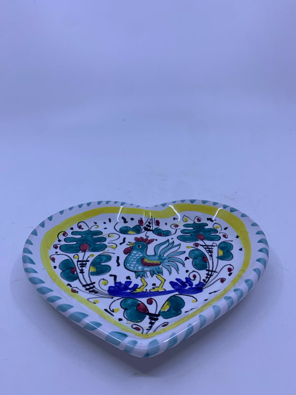 BLUE HEART SHAPED ROOSTER PLATE.