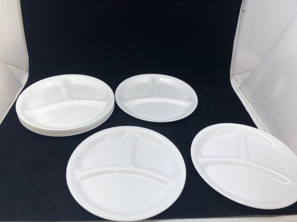 8 CORELLE WHITE DIVIDED LUNCH PLATES.