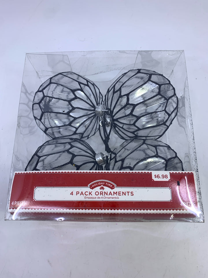 NIP 4 CLEAR PLASTIC BLACK GLITTER ORNAMENTS.