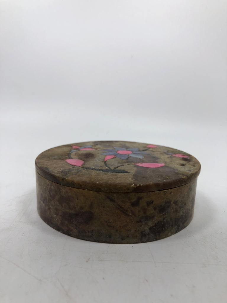 MARBLE BOX W/PINK INLAY FLOWER LID.