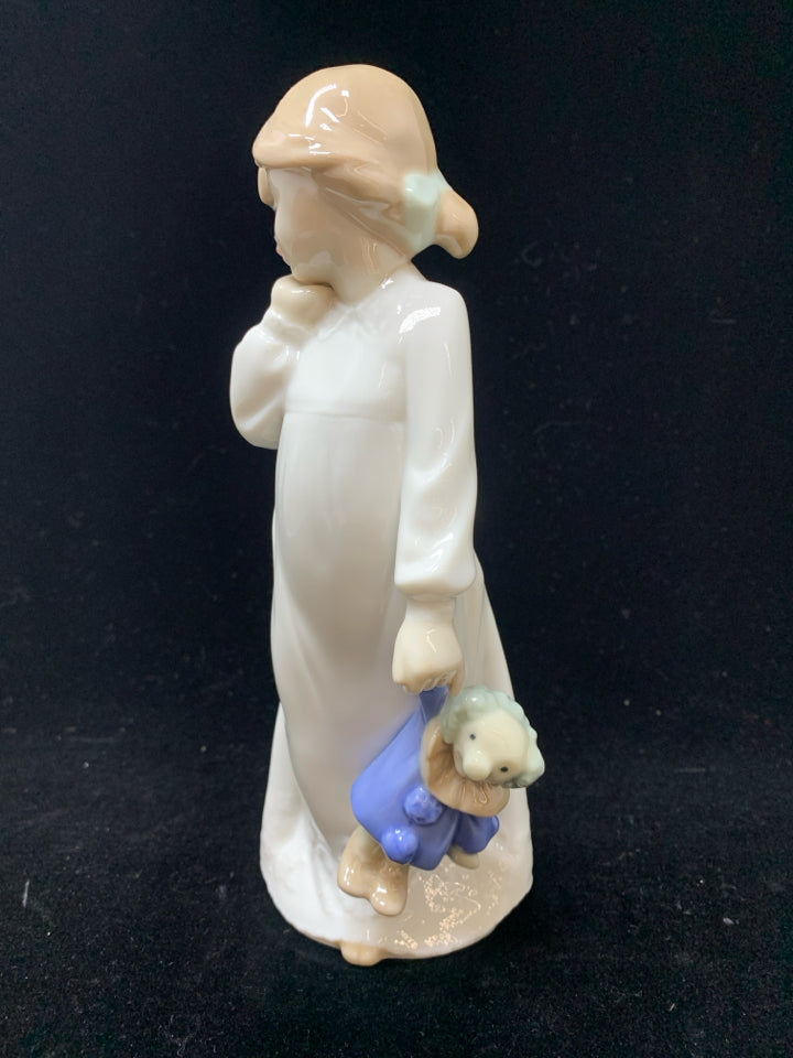 VTG "MY RAG DOLL" CHILD W/STUFFED ANIMAL FIGURINE.