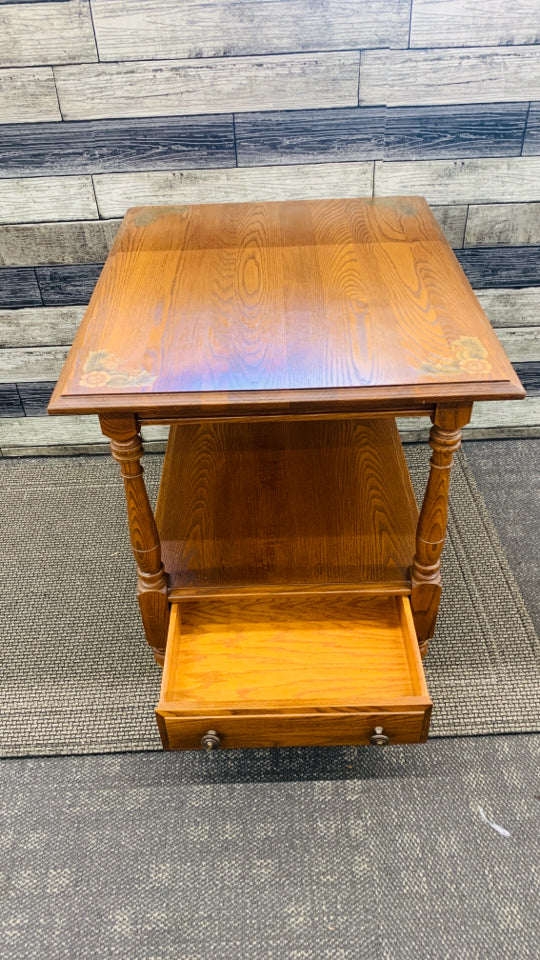 DARK BROWN HITCHCOCK TABLE W ONE LOWER DRAWER.