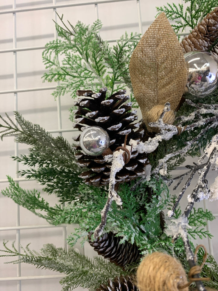 FROSTED FAUX PINE WREATH SILVER BALLS.
