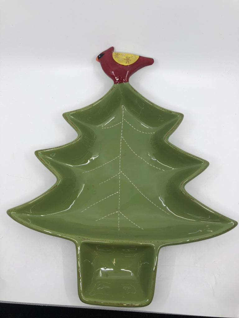 LARGE CERAMIC CHRISTMAS TREE W/ CARDINALS ON TOP.