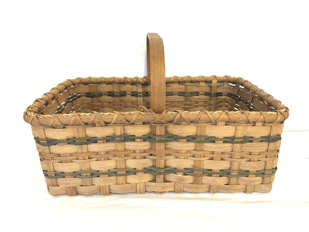 LARGE RECTANGLE BASKET W SINGLE HANDLE AND 2 GREEN STRIPE.