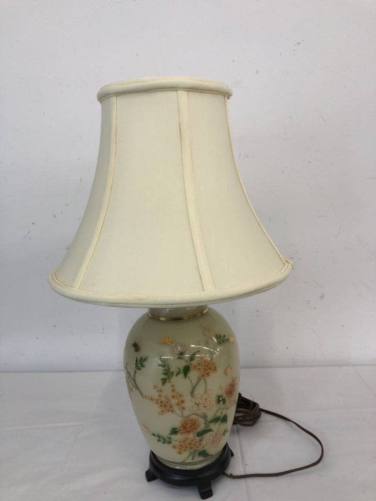 ASIAN STYLE GINGER JAR CREAM/CHERRY BLOSSOM BASE/WHITE SHADE LAMP.