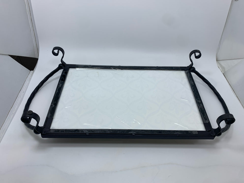 GLASS TILE TRAY W/BLACK METAL SCROLL STAND.