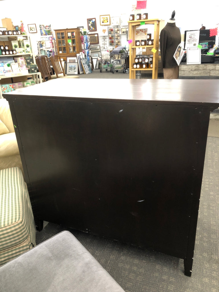 HEAVY DARK WOOD DRESSER W/ 3 LARGE DRAWERS & 2 SMALL DRAWERS.