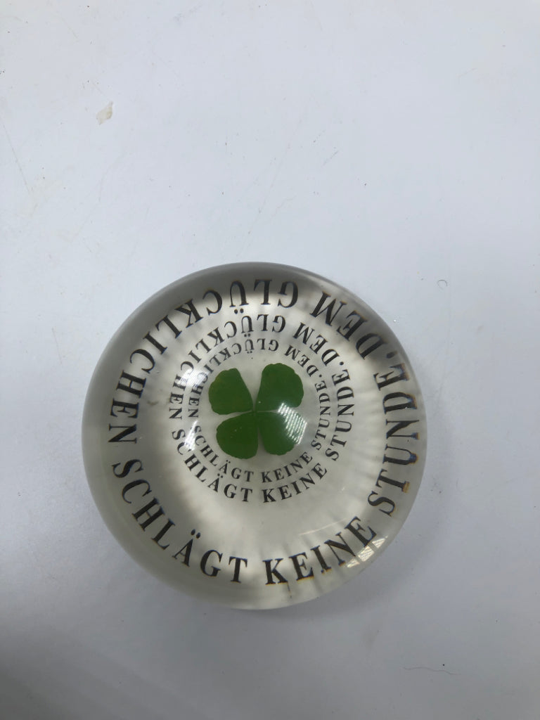 PRESERVED FOUR LEAF CLOVER W/IRISH WRITING PAPER WEIGHT.