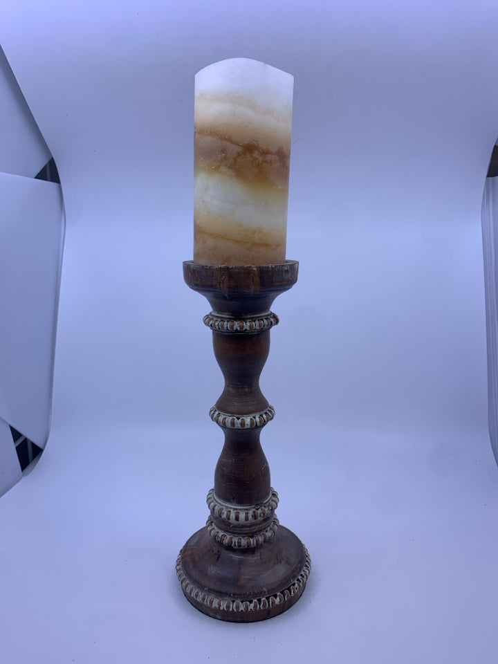 WOOD BEADED CANDLE HOLDER W/ BATTERY CANDLE.