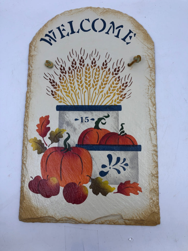 "WELCOME" WHEAT, PUMPKINS IN CROCKS- PAINTED SLATE.