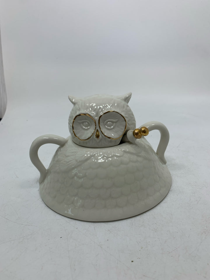 WILD MASQUERADE OWL SUGAR BOWL W/ LID & SPOON FLORENCE BALDUCCI.