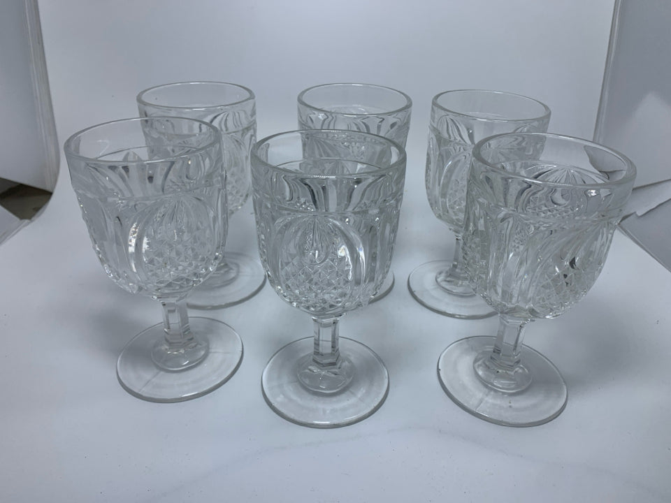 6 CUT CRYSTAL WINE GOBLETS.