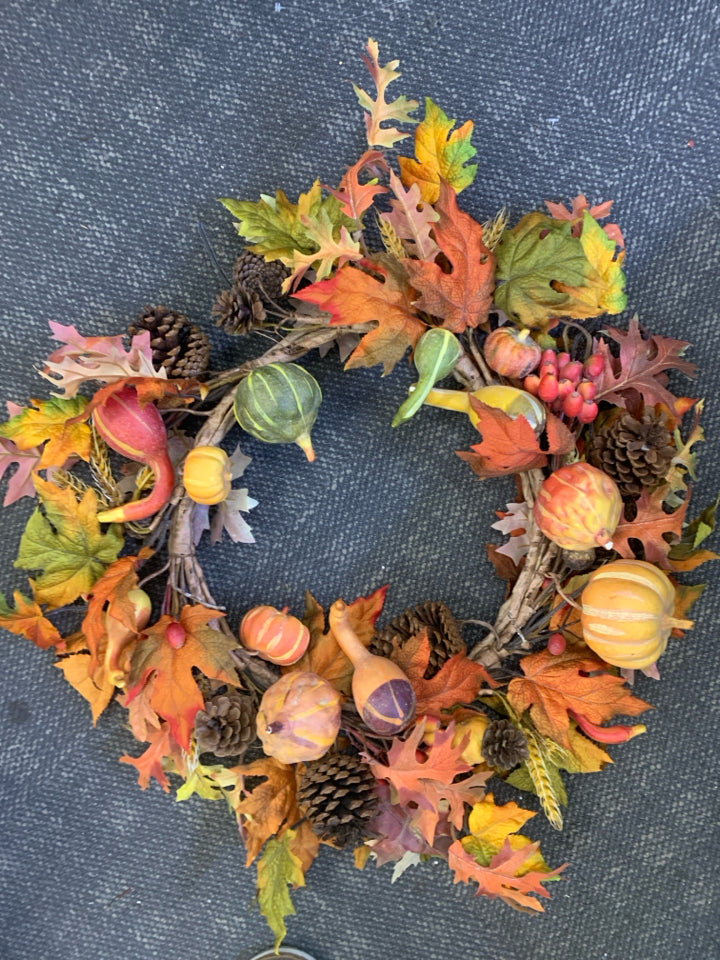 FALL WREATH W GOURDS, LEAVES, AND PINECONES.
