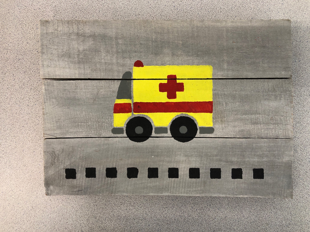 AMBULANCE PAINTED ON RECLAIMED WOOD WALL DECOR.