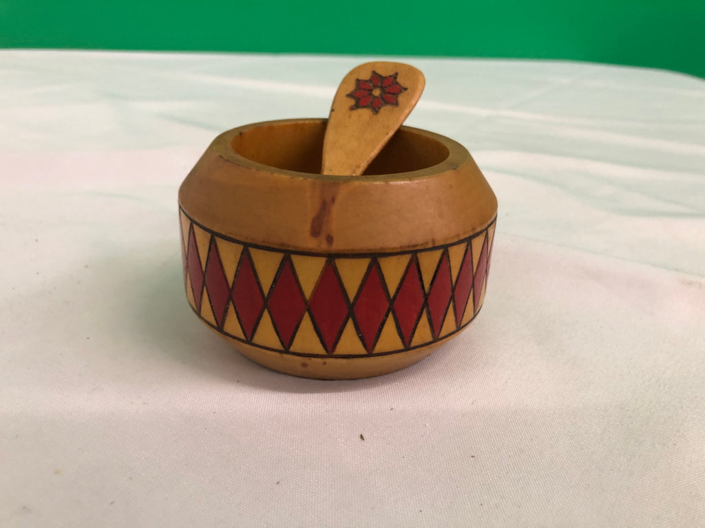 WOOD PAINTED SALT BOWL W SPOON.