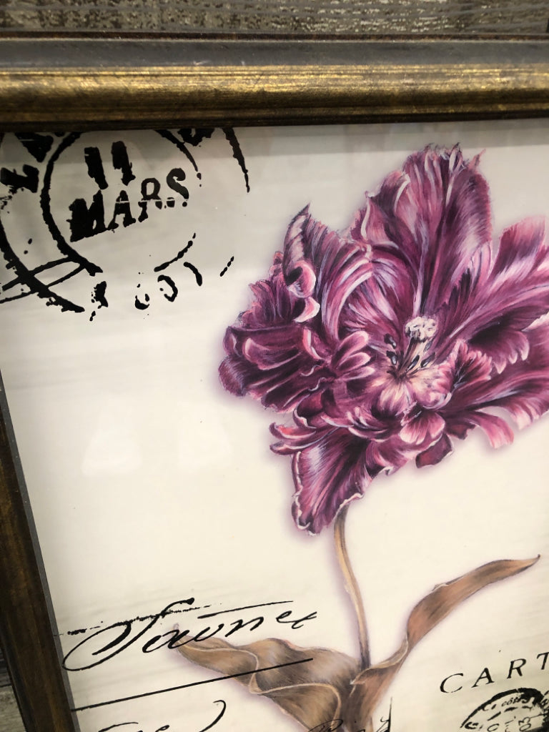 PURPLE FLORAL IN SHADOW BOX W SCRIPT WALL HANGING.