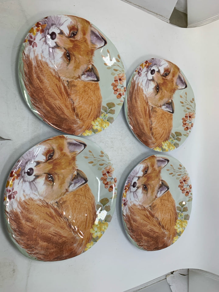 4 MELAMINE EMBOSSED FOX SALAD PLATES.