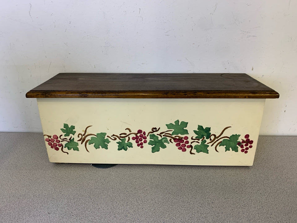SMALL HAND PAINTED GRAPE CHEST W DARK WOOD TOP.