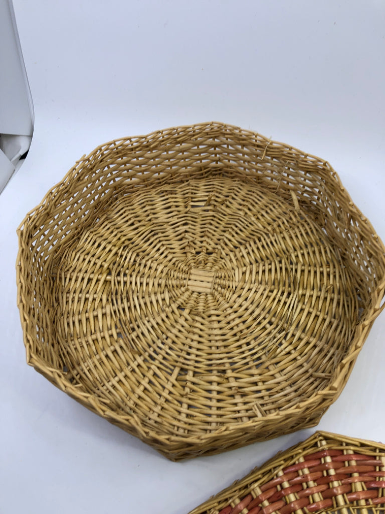 OCTAGON BLONDE BASKET WITH PINK/GREEN PATTERN LID.