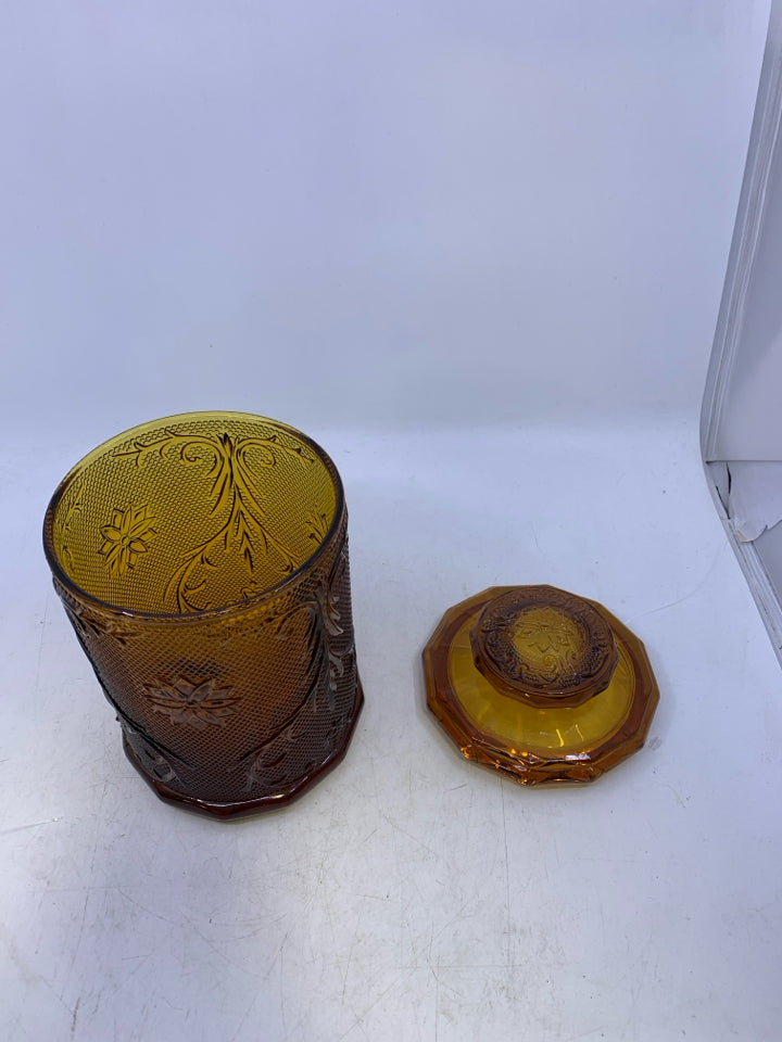 VTG AMBER GLASS TIARA CANISTER.