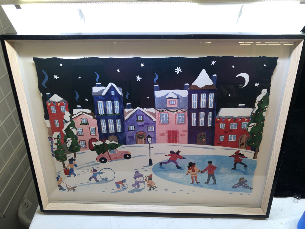 WINTER SCENE KIDS PLAYING IN STREET AND BLACK FRAME.
