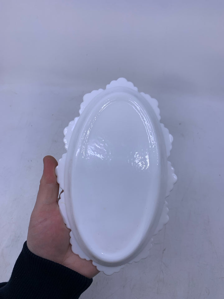 MILKGLASS HOBNAIL OVAL BUTTER DISH.