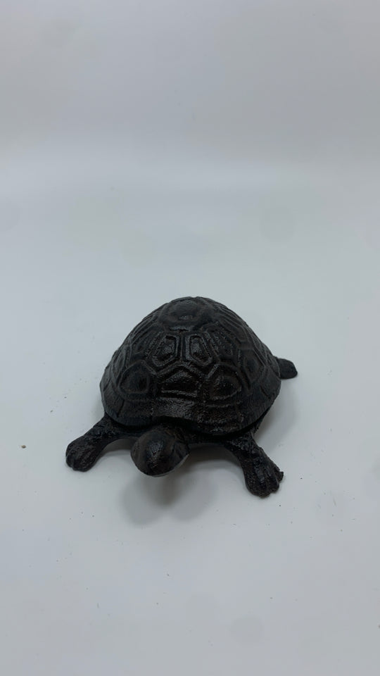 BROWN METAL TURTLE RING DISH W/LID.