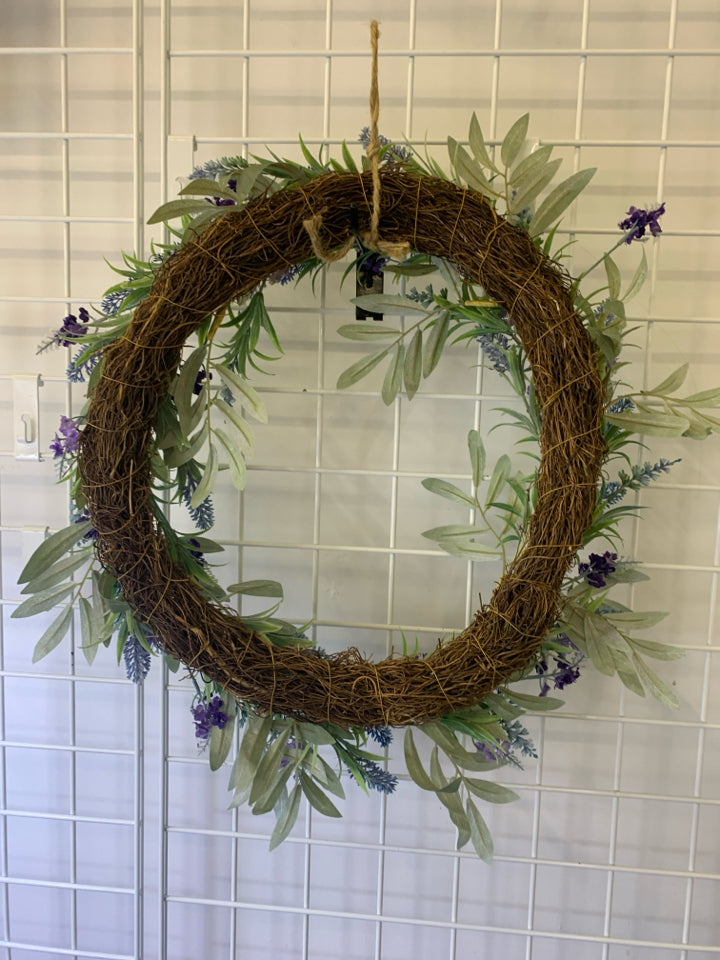 PURPLE/BLUE FLOWERS TWIG WREATH.