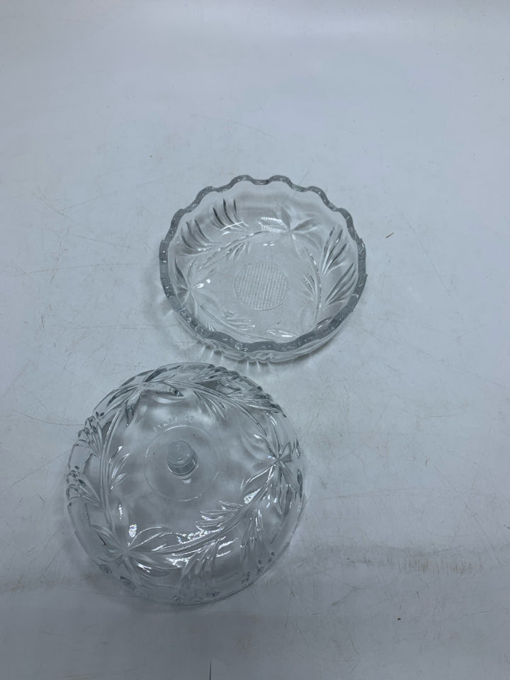 CLEAR GLASS APPLE SHAPED NUT BOWL W/ EMBOSSED FLOWERS.