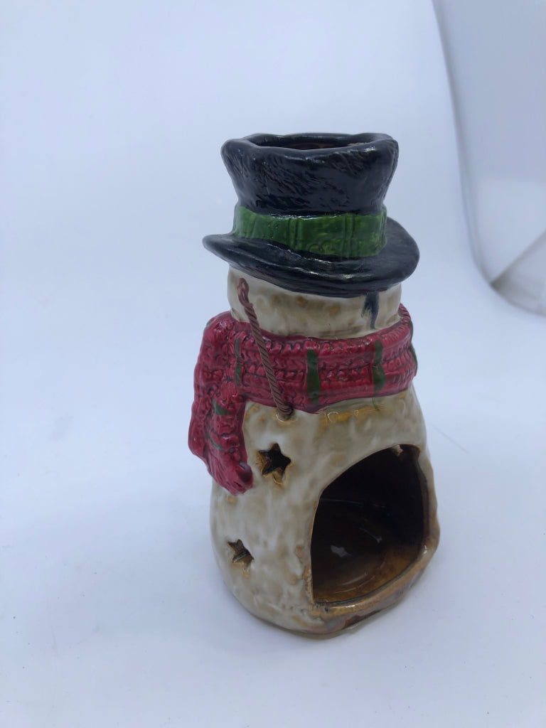 BROWN TEXTURED SNOWMAN TEA LIGHT HOLDER W RED SCARF.