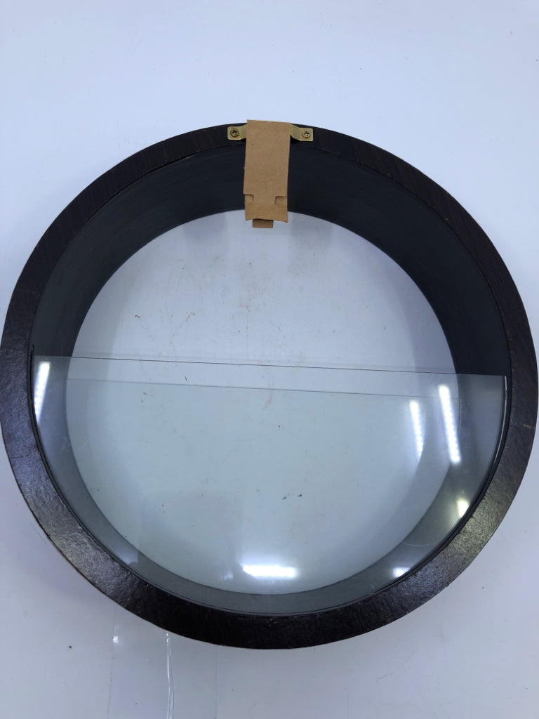 DARK WOOD CIRCLE WALL HANGING W/ GLASS PANES.