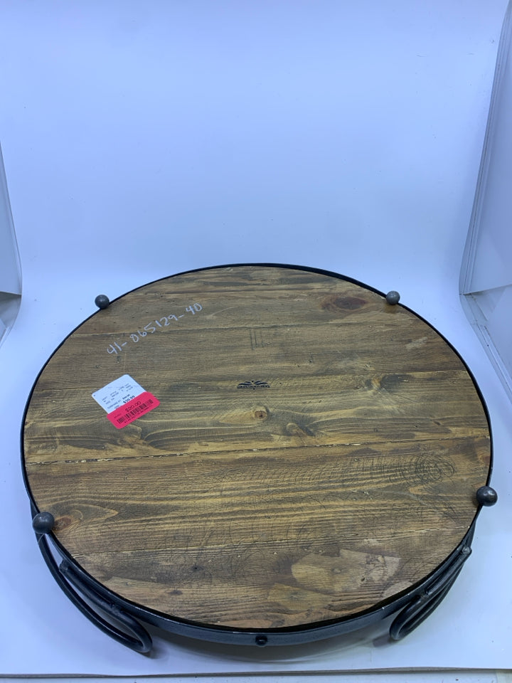 ROUND "FROMAGE" WOOD TRAY W/METAL BORDER HANDLES.