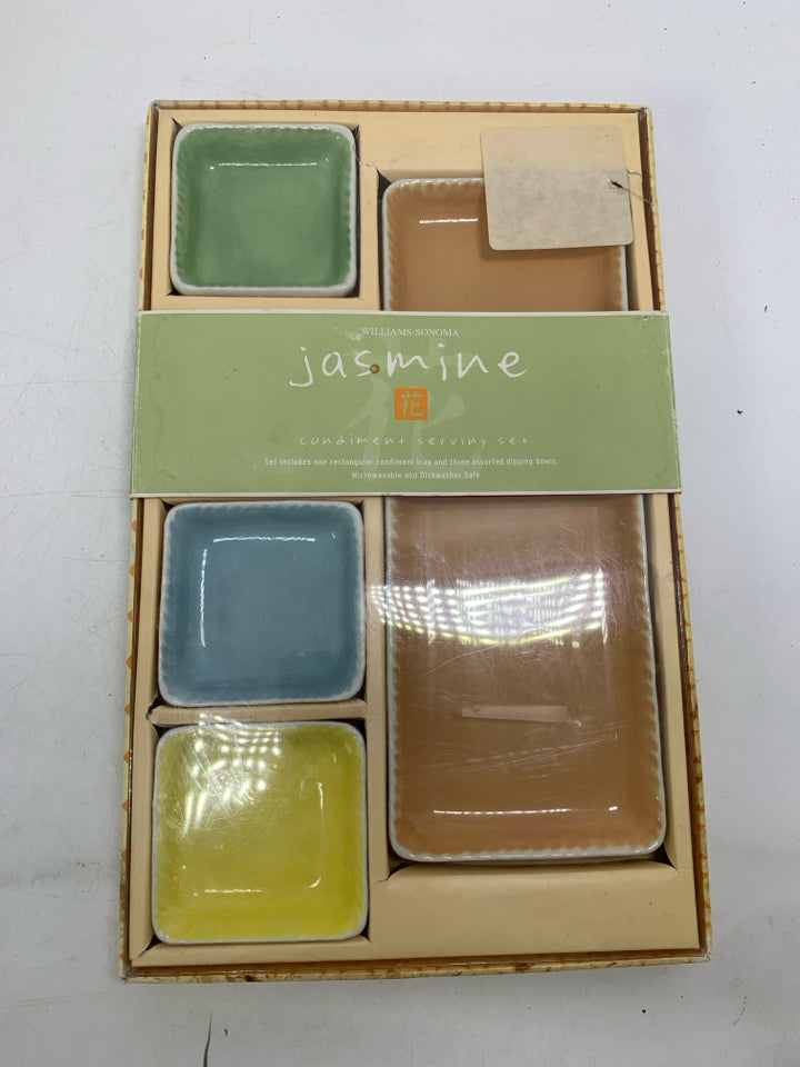NIB VTG 4 PC PASTEL CONDIMENT SERVING SET.