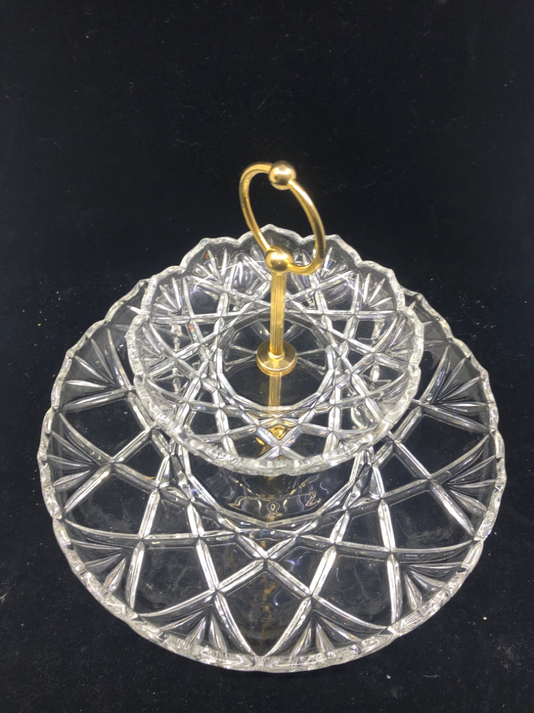 2 TIER CRYSTAL SERVING PLATTER W/ GOLD HARDWARE ETCHED LINES.