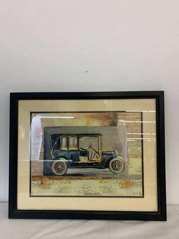 OLD VTG BLUE CAR PRINT WALL HANGING IN BLACK FRAME.