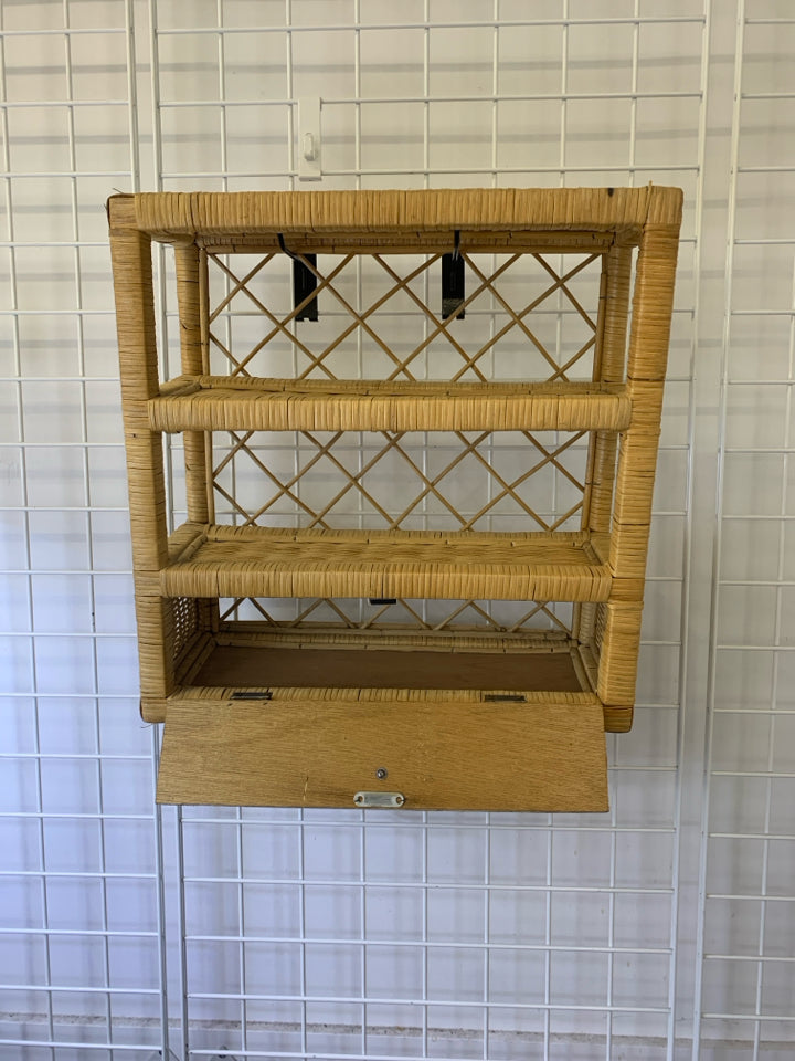 2-TIER WICKER SHELF W/ PULL DOWN DRAWER TOWEL RACK WALL HANGING.