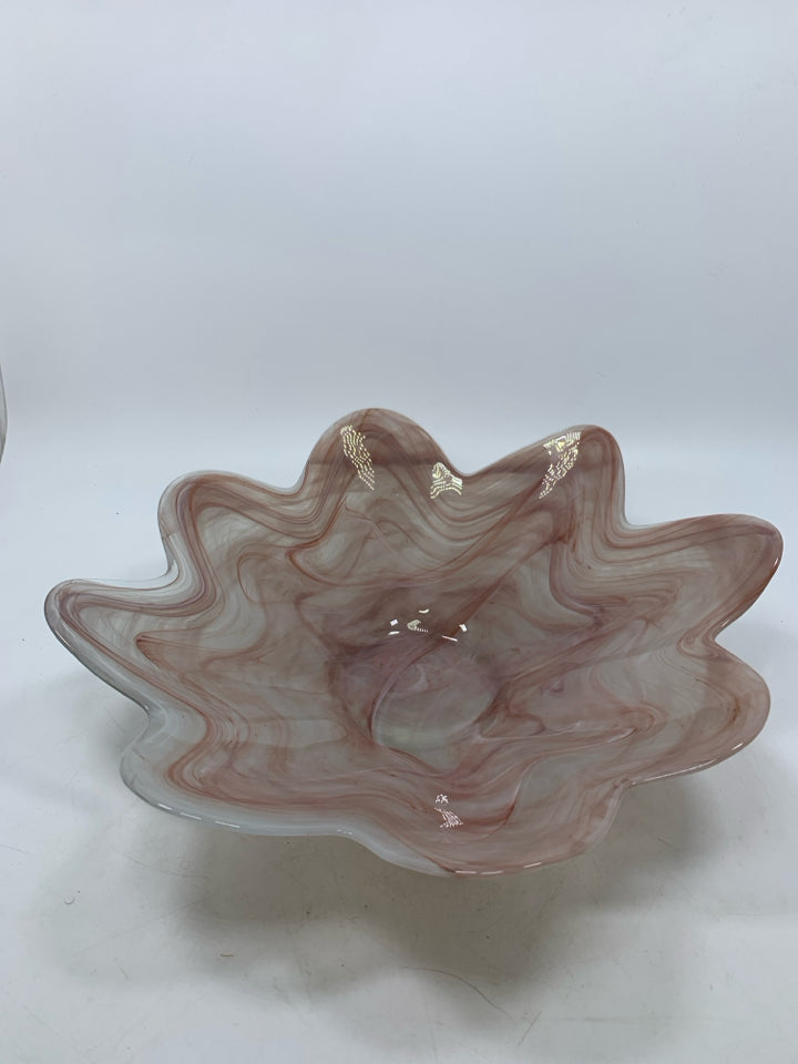 GLASS FAUX PINK MARBLE BOWL SCALLOP EDGE.