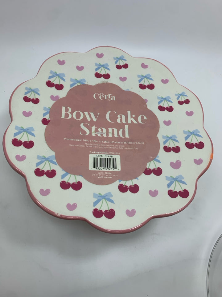 PINK BOW CERAMIC CAKE STAND W/GLASS DOME.