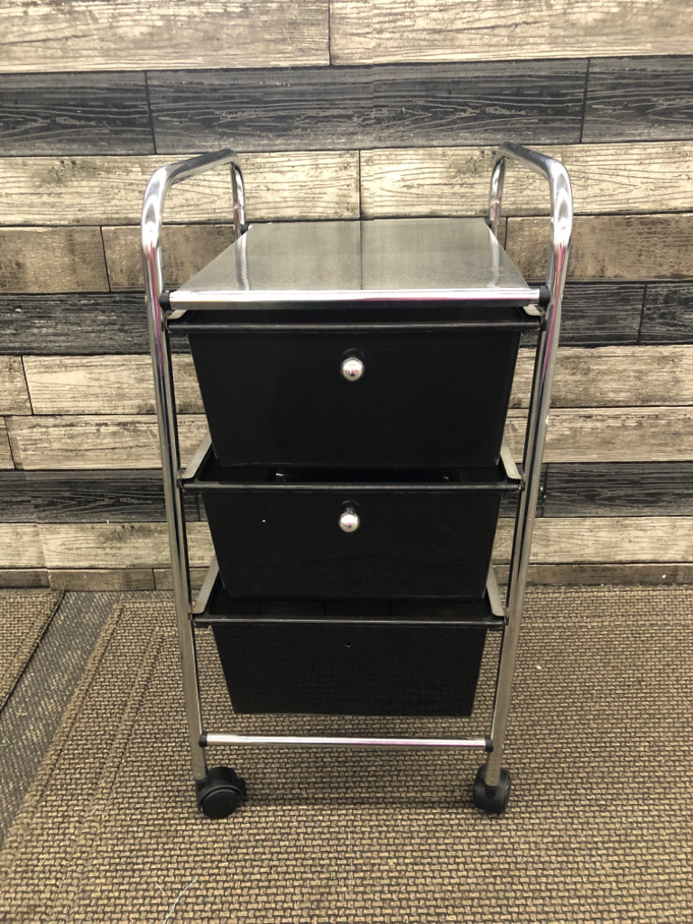 3 TIER BLACK PLASTIC/SILVER METAL STORAGE ROLLING CART.