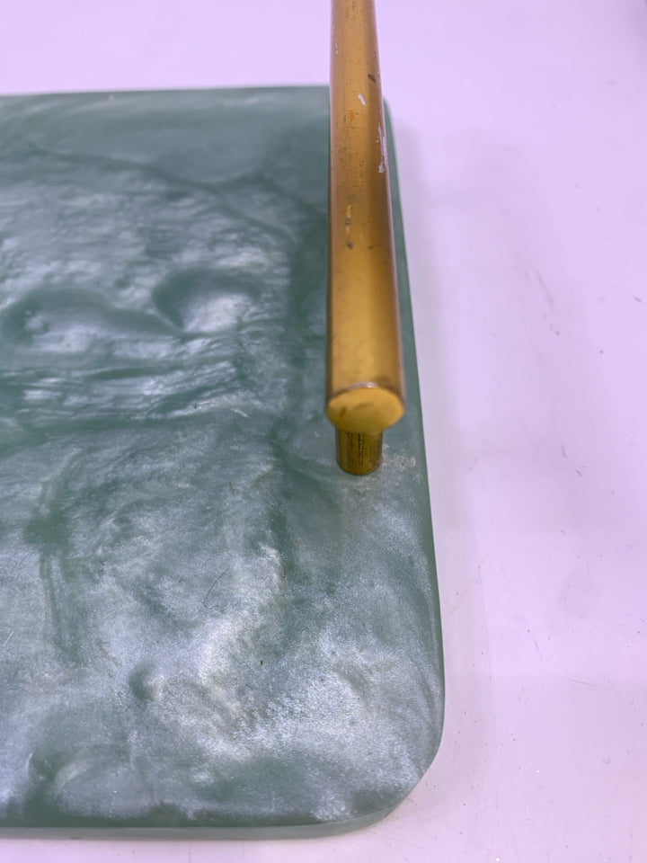 GREEN MARBLE SERVER W/ GOLD HANDLES.