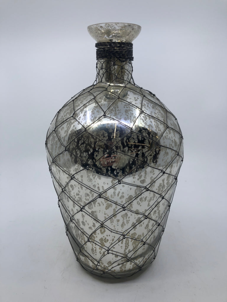 MERCURY GLASS VASE W/ WIRE WRAPPED.