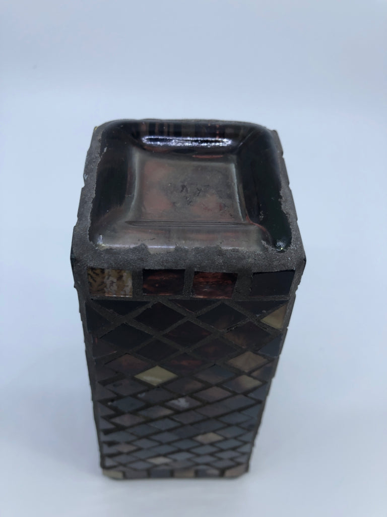SQUARE BROWN MOSAIC GLASS VASE.