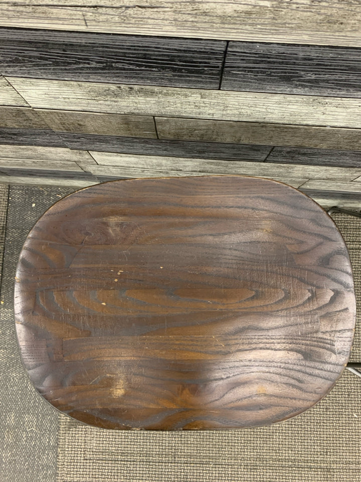 2 RUSTIC WOODEN-SEAT BAR STOOLS.