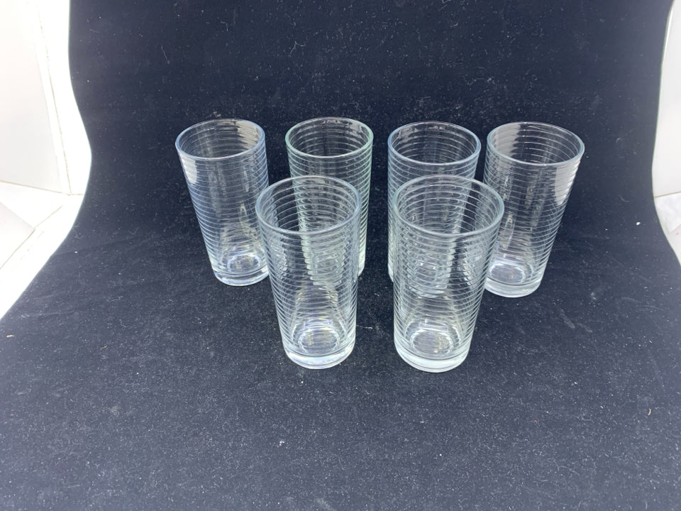 6 RIBBED WATER GLASSES- STAMPED BOTTOM.