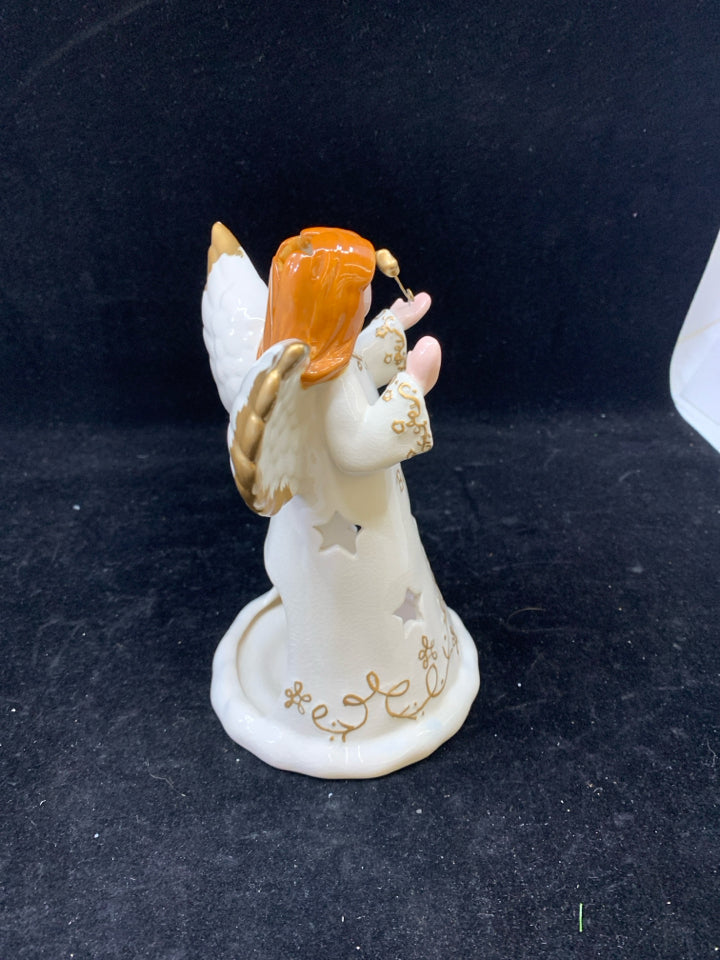 "BELIEVE" GOLD AND WHITE RED HAIRED ANGEL TEA LIGHT HOLDER.