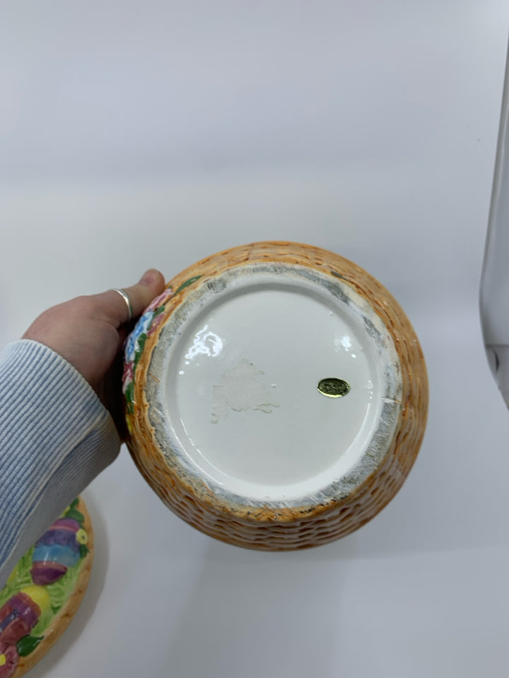 CERAMIC EASTER BASKET W/ BUNNIES/EGGS.